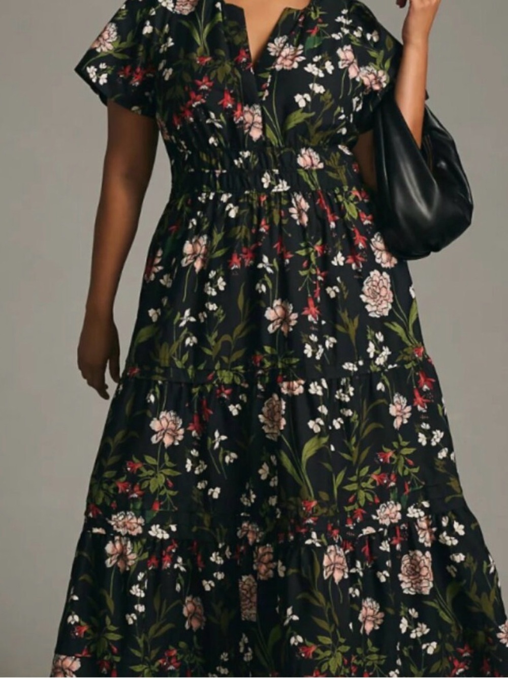 Anthropologie Black Floral Tiered Maxi Dress
